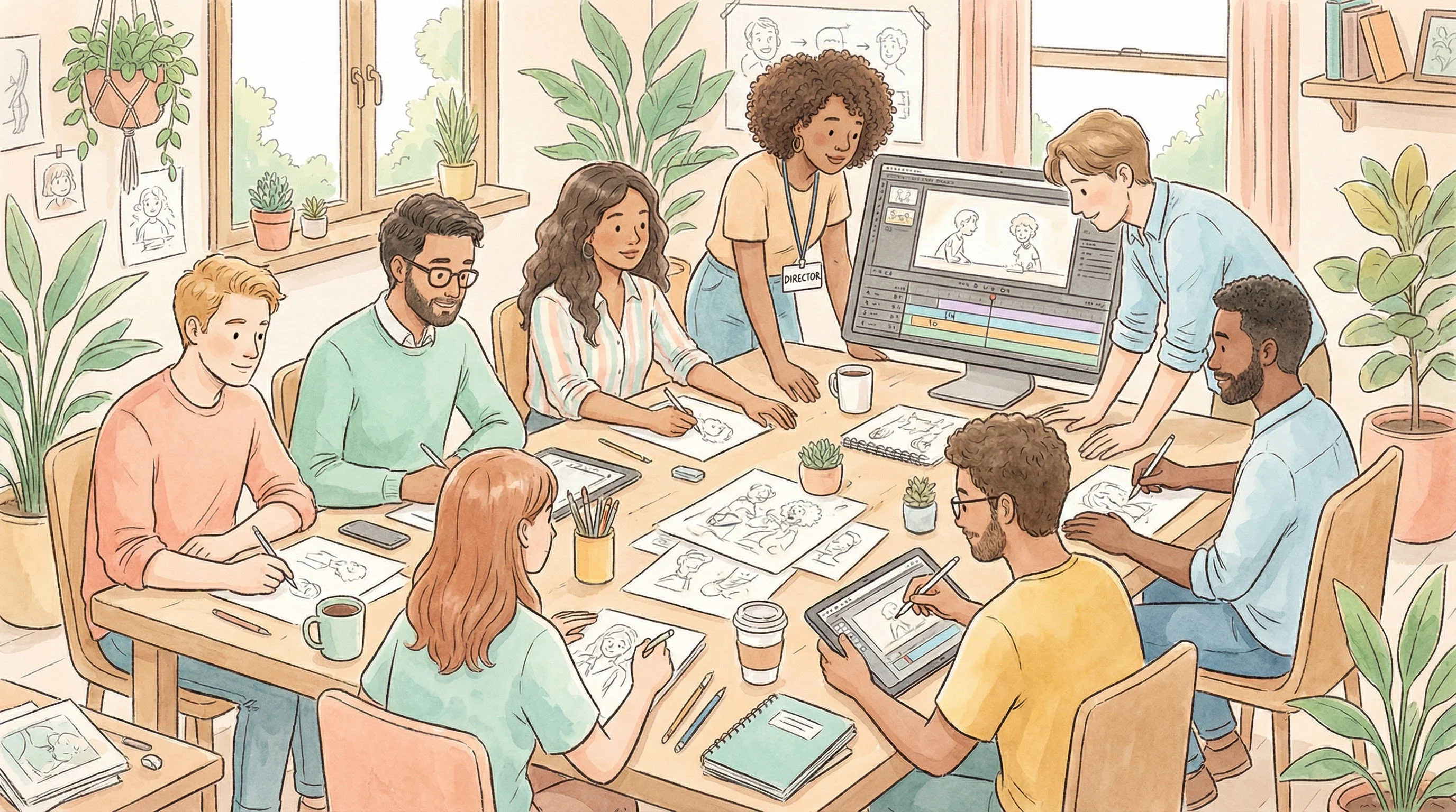 吃瓜大赛创作团队工作场景插画 - 多元化动画创作团队协作