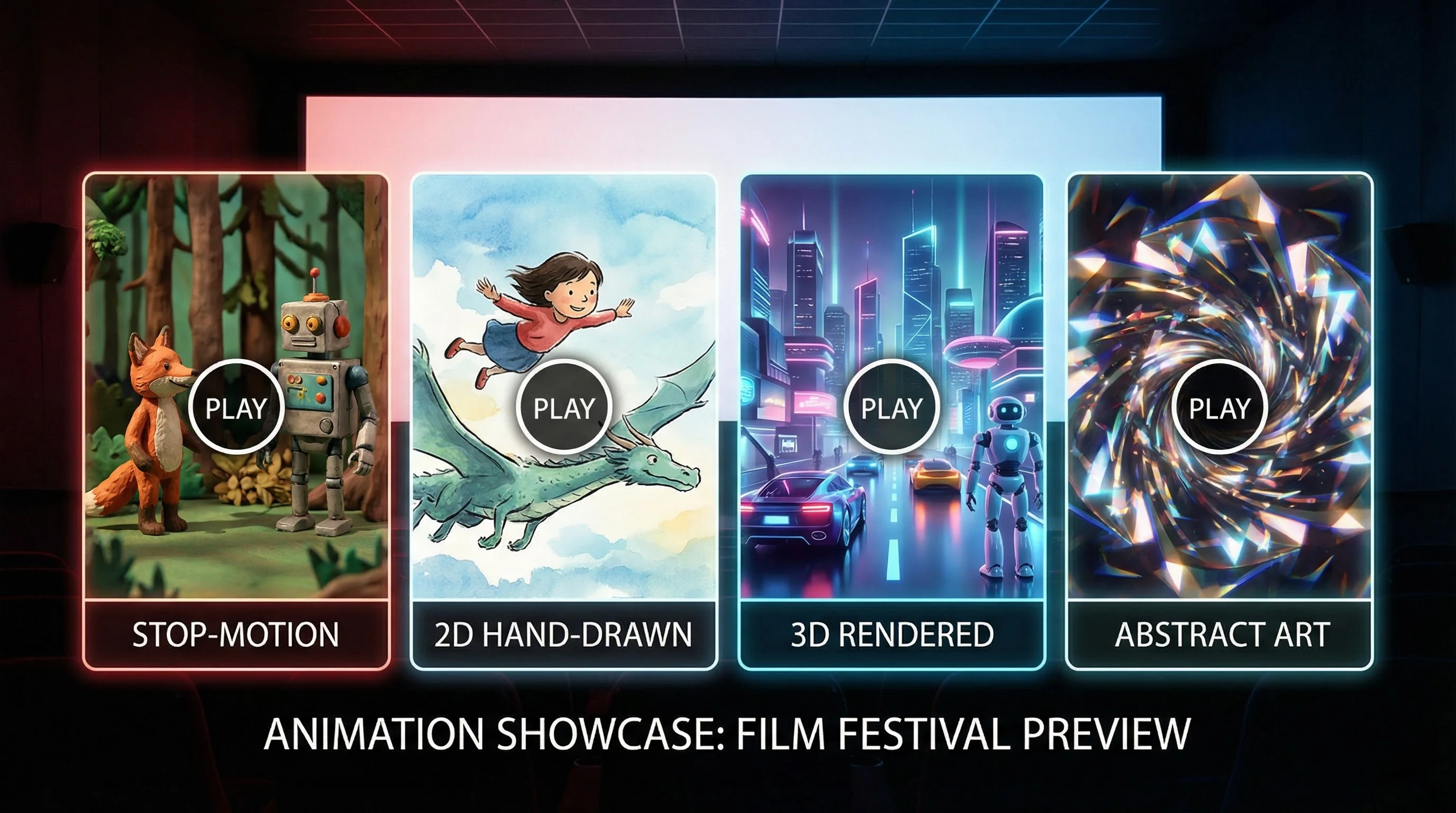 吃瓜大赛动画预告片合集横幅 - 定格动画、2D手绘、3D渲染、抽象艺术四种风格预览